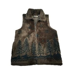 VTG Cobblestone Canyon Winter Trees Brown Vest Fleece Faux Fur Western Boho Sz M
